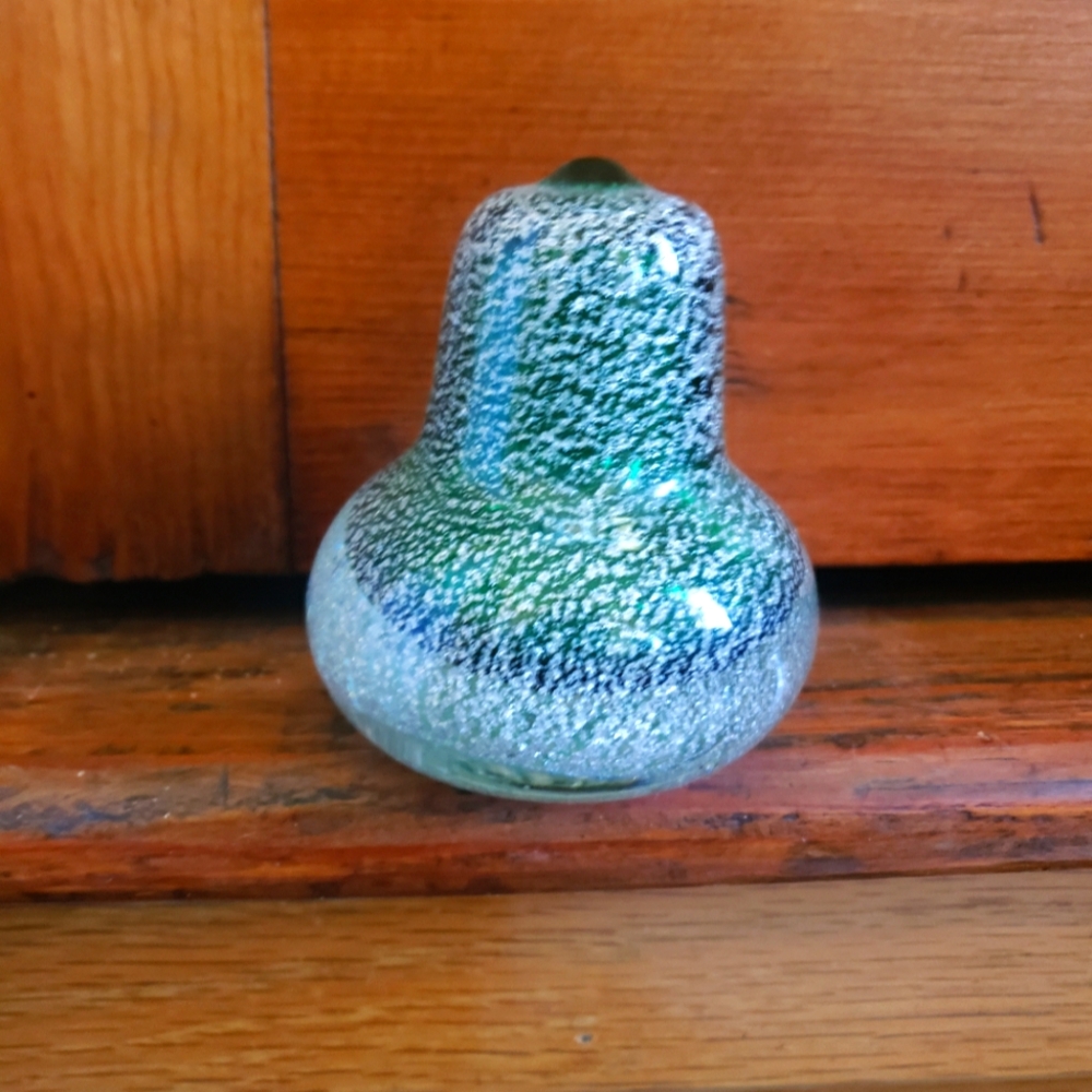 Norcrest Green & Metallic Silver Glitter Glass Art Pear Shaped Paperweight